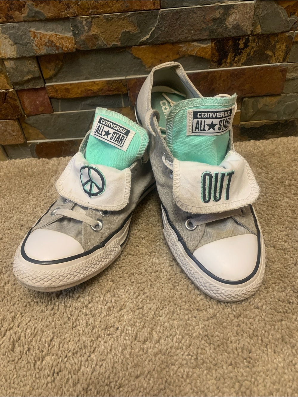 Converse low top gray robins egg blue peace out kicks 37.5 / 7